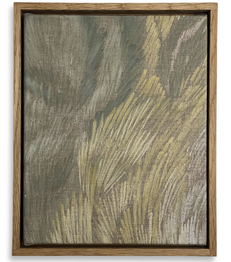 Lisa-Marie Price's painting 'Living Echoes' features delicate, feathered brushstrokes in a palette of sage green, pale yellow, and silvery grey. The strokes sweep upward across the canvas in a fan-like pattern, creating a sense of organic movement. The textured technique gives the impression of wind-swept grasses or ethereal light. The artwork is presented in a simple oak frame, and the natural linen canvas texture remains visible beneath the paint.